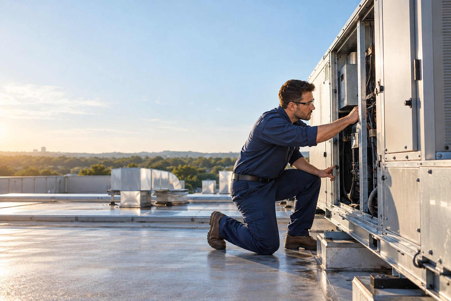 Illustration of a technician inspecting commercial rooftop HVAC equipment