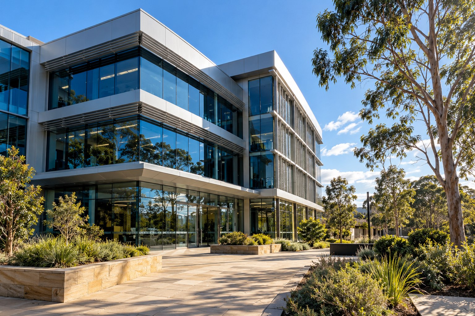 Contemporary commercial building with glass facade and native landscaping, AI-generated illustration